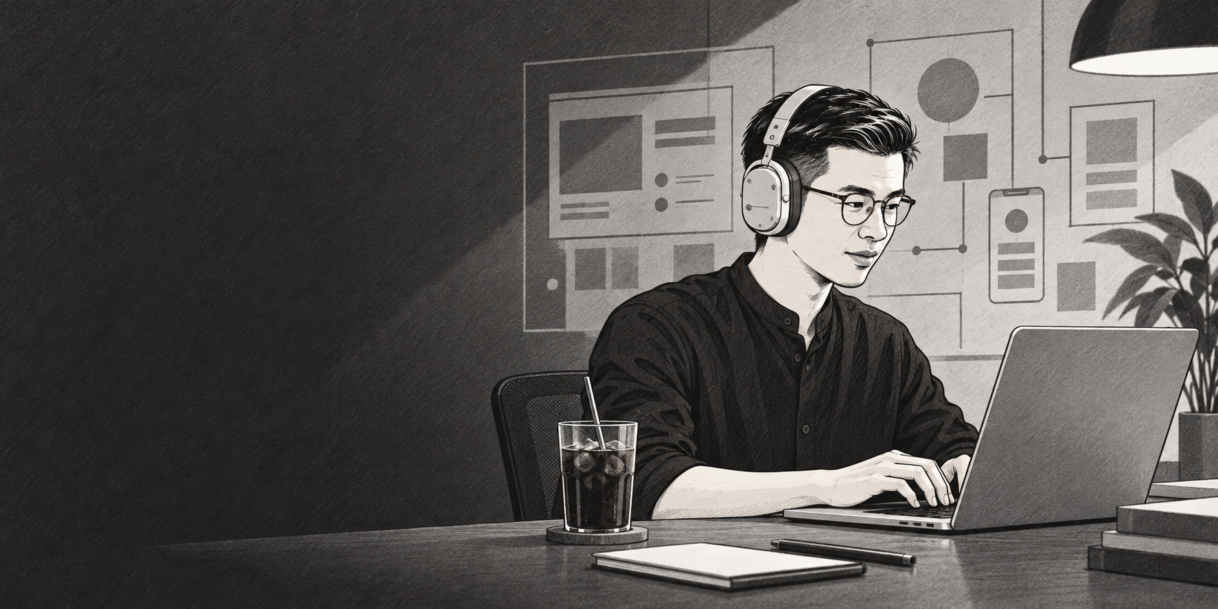 Editorial ink illustration of Sherman Leung coding at a laptop with headphones and iced coffee